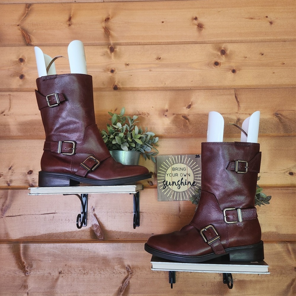 Vince Camuto Alicenta Brown Leather Monk Strap Buckle Moto‎ Mid Boots Size 9.5 M